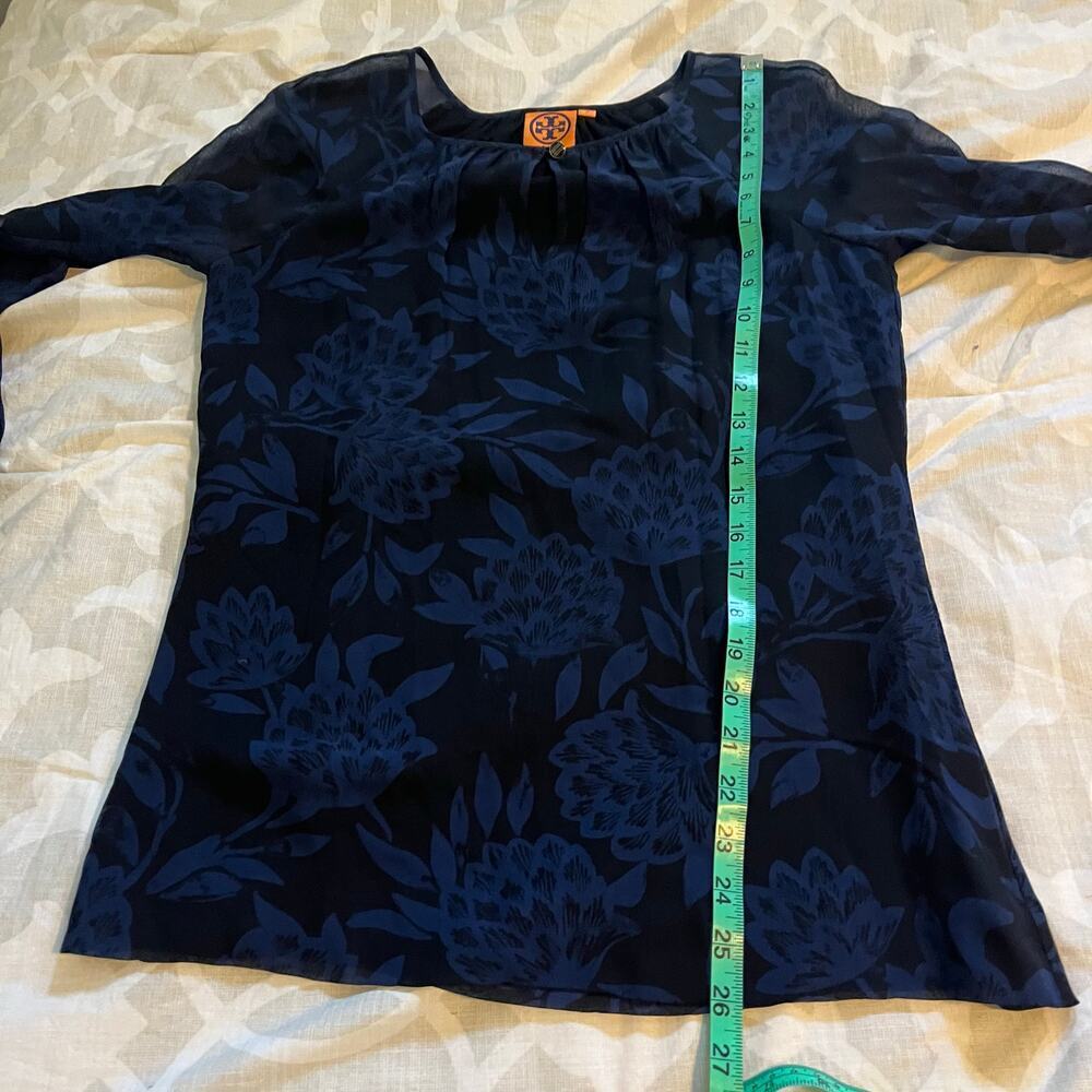 Tory Burch black blue floral silk long sleeve blouse women size 2 - Picture 8 of 9
